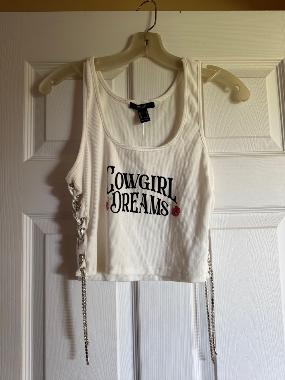 Forever 21 White 'Cowgirl Dreams' Rhinestone Lace-Up Crop Tank